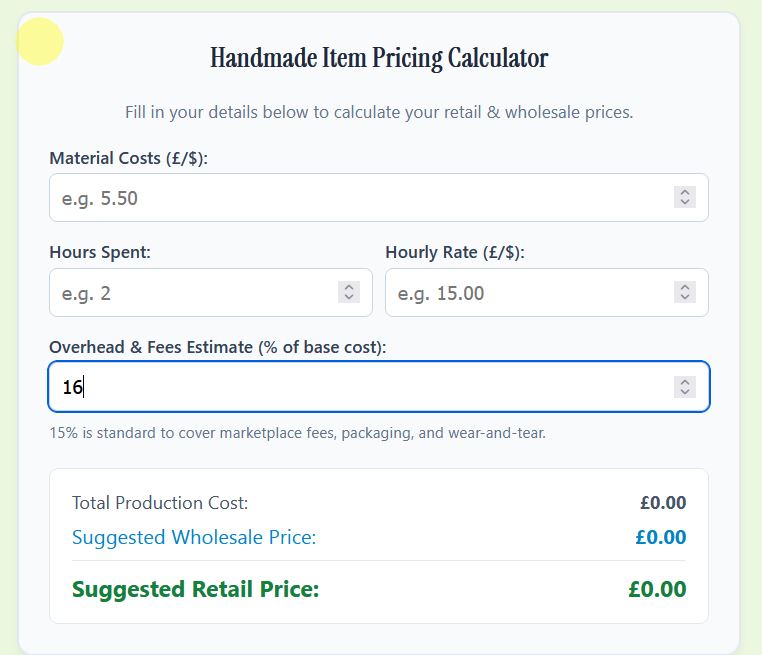 A handmade pricing calculator displayed on a tablet alongside decorative rope knot crafts, price tags, and a maker's sketchbook on a wooden table.