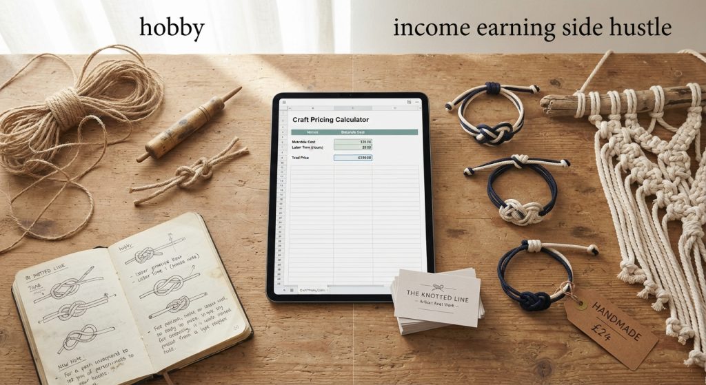 A wooden maker's workbench featuring rope, decorative knot bracelets with price tags, a notebook with knot sketches, and a tablet displaying a craft pricing calculator.